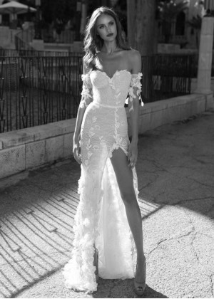 Off Shoulder Ivory Lace High Slit Wedding Dress